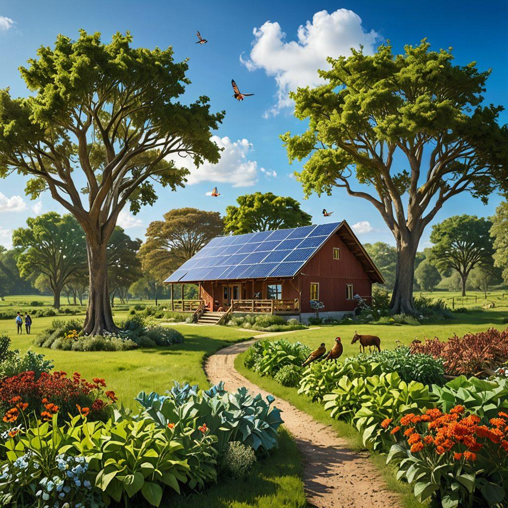 A peaceful landscape showcasing a diverse ecosystem transitioning from a warming environment, featuring a family engaging in sustainable practices like eco-friendly farming and renewable energy. In the background, a clear blue sky with healthy trees and wildlife, symbolizing harmony with nature. Illustrate the concept of sustainable insurance with visual indicators like a shield or safety net overlaying the landscape, emphasizing protection and growth. super-realistic. vibrant colors.