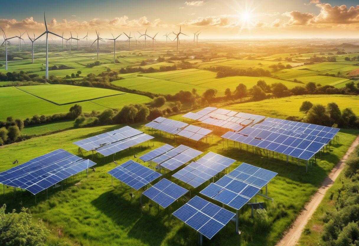 A lush green landscape interspersed with solar panels and wind turbines, showcasing nature's resilience. In the foreground, a diverse group of people collaborate on sustainable projects, symbolizing community action against climate change. The sky should be clear with a hint of sunshine illuminating the scene, representing hope. Incorporate elements of eco-friendly insurance, like digital documents featuring nature motifs. vibrant colors. super-realistic.