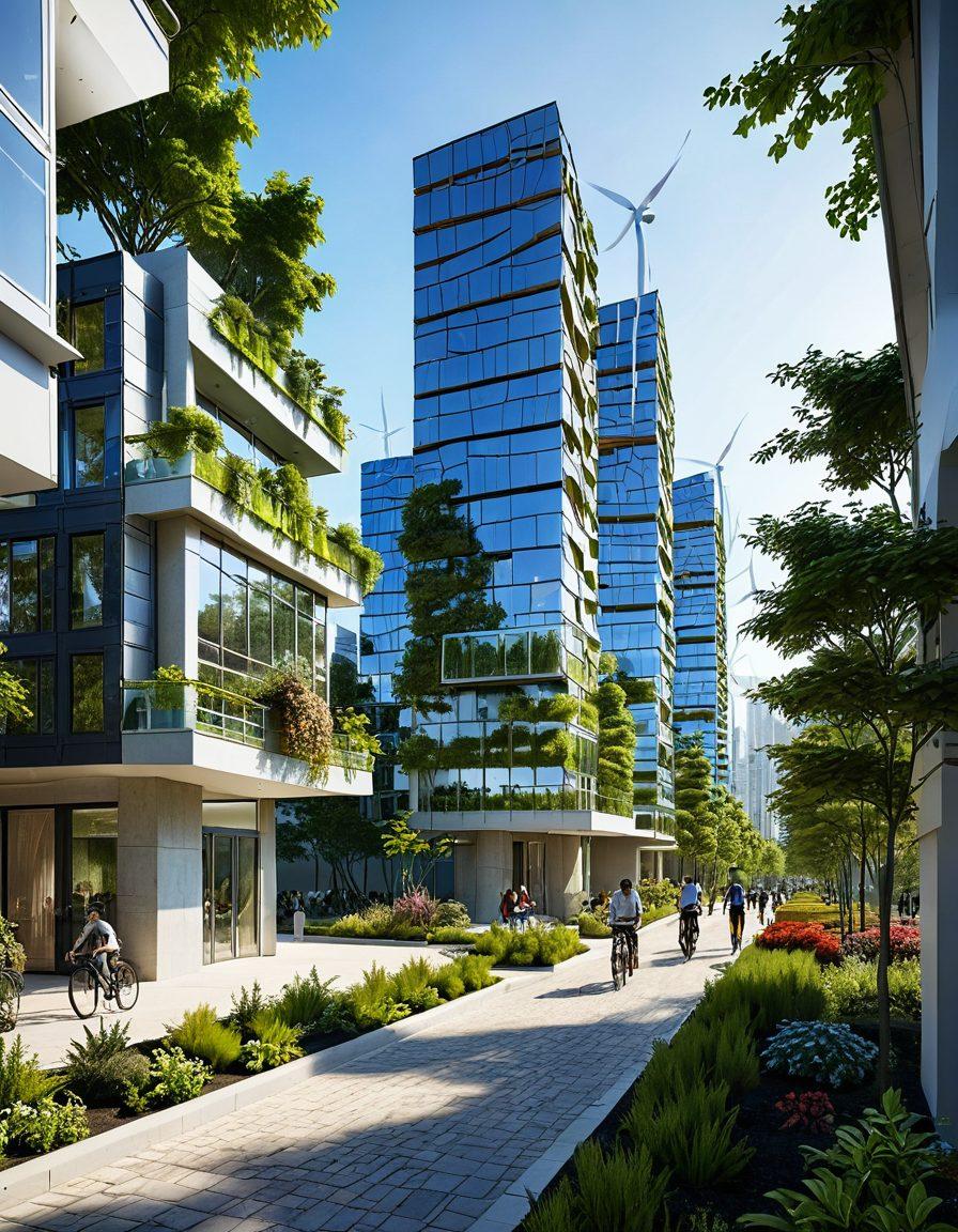 A futuristic cityscape showcasing innovative insurance solutions, intertwining green technology and nature. Visualize a blend of solar panels, wind turbines, and lush greenery seamlessly integrated into urban architecture. Include diverse people engaging in eco-friendly practices, illustrating a harmonious relationship between technology and the environment. Bright colors depict a hopeful future, emphasizing sustainability and protection. vibrant colors. 3D.